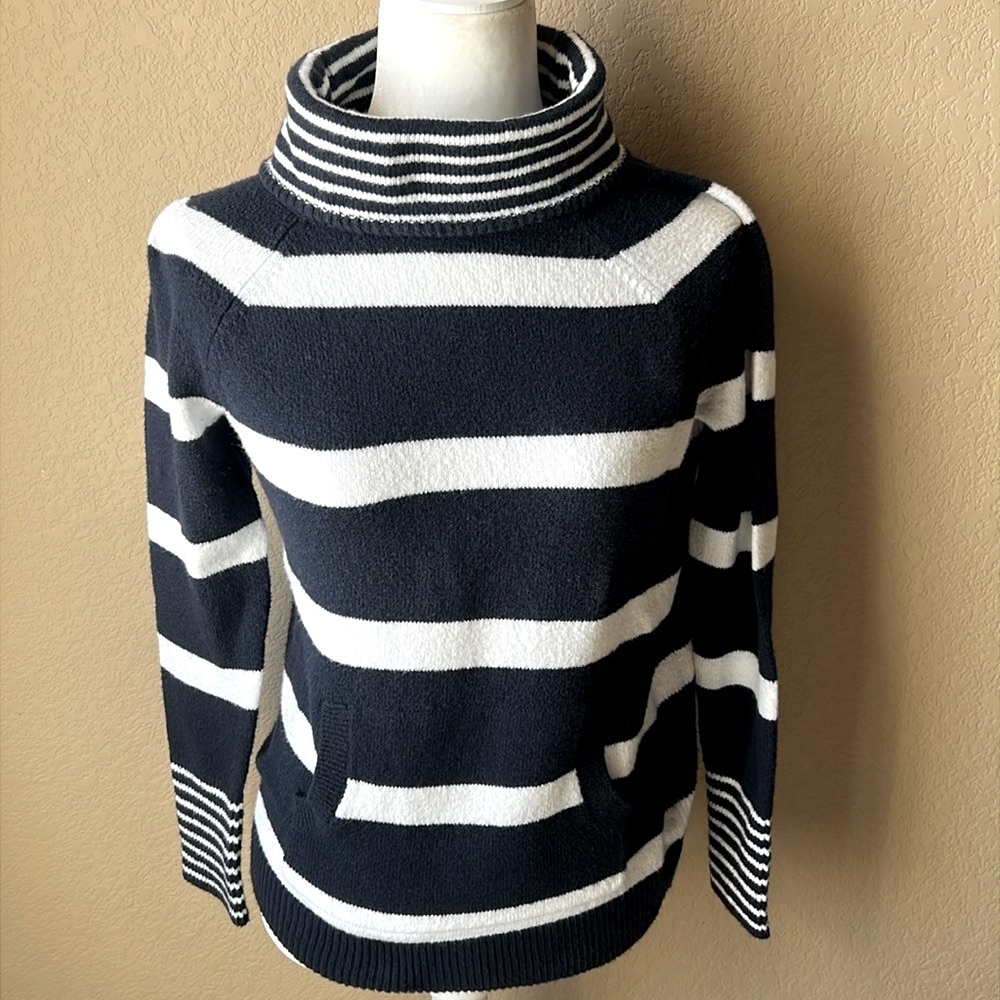 Loft navy and white striped cowl neck pocket tunic sweater, size small petite